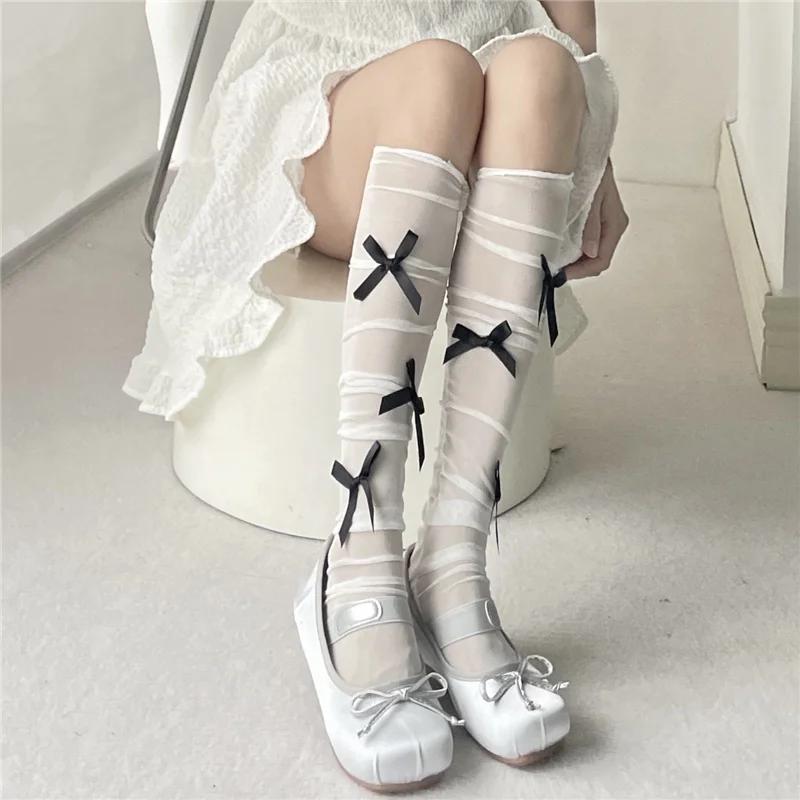 Women Sexy Ribbon Bow Socks Long Tube Knee High Lolita White Stockings Thin Piles of Socks Section Mesh Pure Desire Lace Hosiery