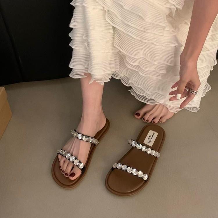 

Flat-bottomed rhinestone fairy wind slippers women s outer wear 2025 summer high-end soft-soled sandals temperament sandals 35 чёрный