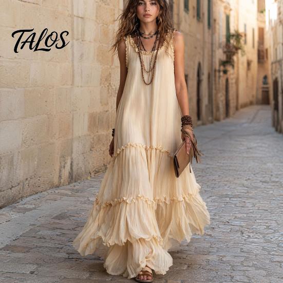 Talos Summer Ruffle Tiered Swing Dress for Women, Boho Beach Flowy Maxi Sundress, Sleeveless A-line Loose Long