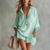 2026 Cross-border Europe and America Summer New Women's Fashion Cotton Linen Pockets Beach Shorts Shirt Set