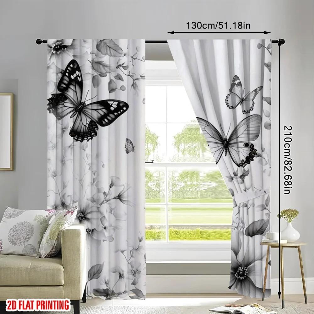 2pcs Floral Butterfly Print Curtains   Room Darkening Polyester Rod Pocket Curtain   Home Decor   Holiday Window Treatment