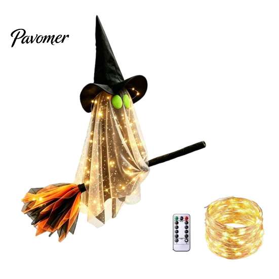 Creative Halloween Holiday Gifts Flying Ghost with Witch Broom, Large Lighted Hanging Decoration Waterproof Haunted House Supplies Hat for Lawn Patio
