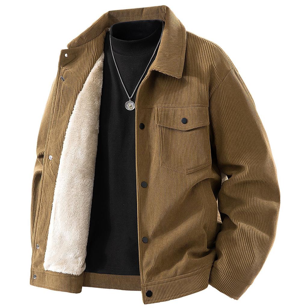 Striped Winter Fleece Man Jacket Vitage Thicken Turn Down Collar Male Coat Single-breasted Long Sleeve Men Outerwear