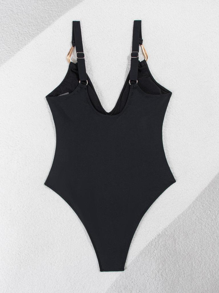 Women's Swimsuit Black Deep V Sexy High Waist One Piece Swimsuit