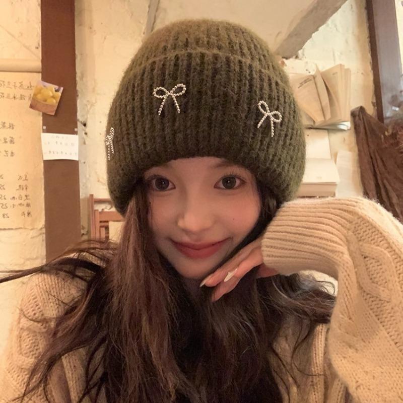 Bow Knitted Wool Hat Autumn and Winter New Big Head Circumference Versatile Fashion Ear Protector Cold Hat Women