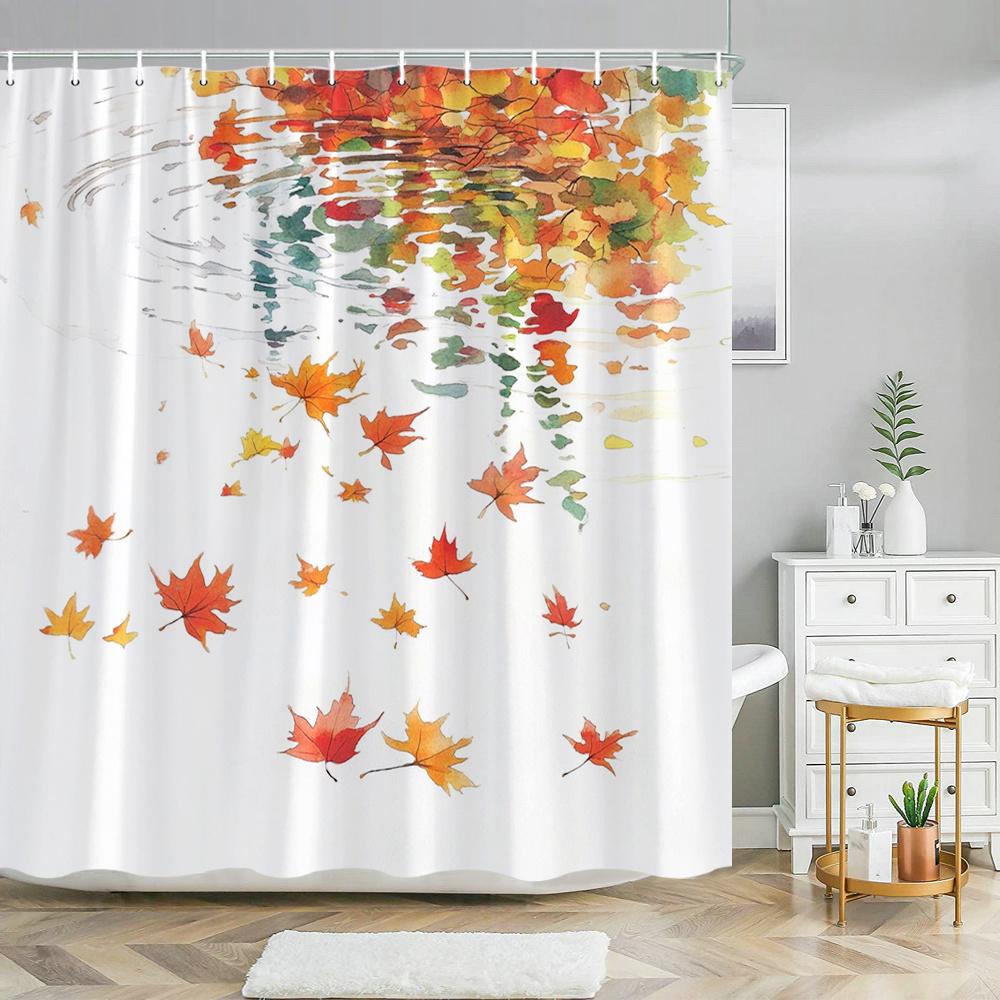 1Pc Autumn Maple Leaf Shower Curtain - Vibrant Fall Foliage Bathroom Decor With Red, Orange, Yellow, Green, White - Machine Wash