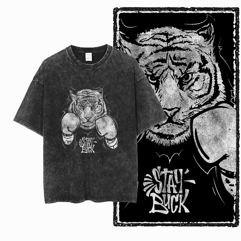 DI TIGER Printed Cotton Acid Washed Exclusive Graphic Unisex T Shirt Cool Vintage Streetwear Men Tshirts Big Size Tee for Men