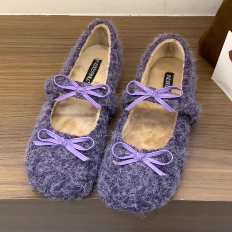 Autumn Warm Plush Mary Jane Shoes Women Sweet Bow Decorate Low Heel Pumps Cozy Soft Sole Non-slip Designer Shoe Zapatos De Mujer