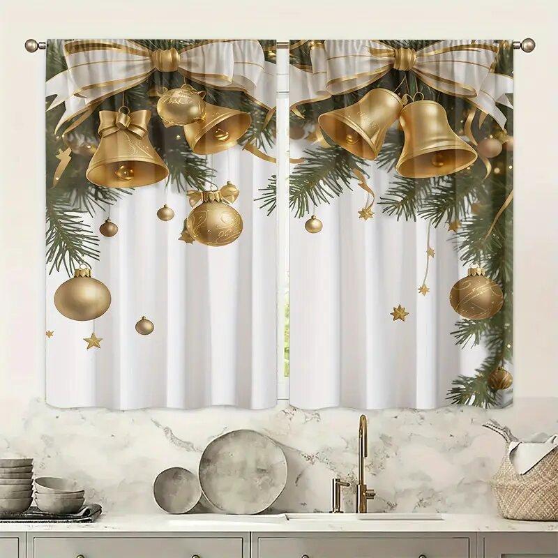 Set Of 2 Christmas Bell Print Curtains Suitable Bedroom Living Room Kitchen Decoration Home Window Curtain Polyester Perfect For