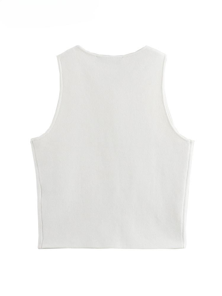 Zevity Women Fashion Sleeveless Buttons Hem Split Knitting Short Blouse Female Basic Slim Shirts Blusas Chic Crop Tops