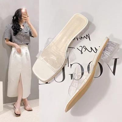 Temperament Outer Wear Medium Heel Slippers Summer New Internet Celebrity Fairy Word with Open Toe Transparent Crystal Thick Heel Cool Slippers