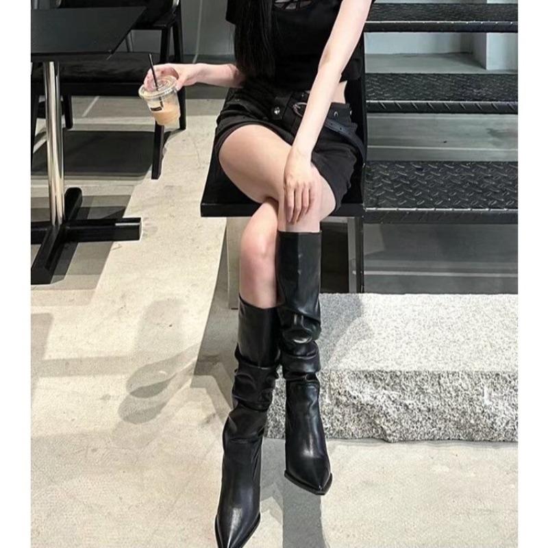 Over-the-knee Boots Women Fashion Pointed Toe Black Side Zipper Thin High Heels Female Shiny Pleated High Heel Botas 2025