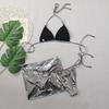 Glänzendes Goldenes Silber 3-teiliges Bikini-Set mit Überwurf Sexy Mikro-String Badeanzug Damen 2025 Kordelzug Neckholder Bademode Strandbekleidung