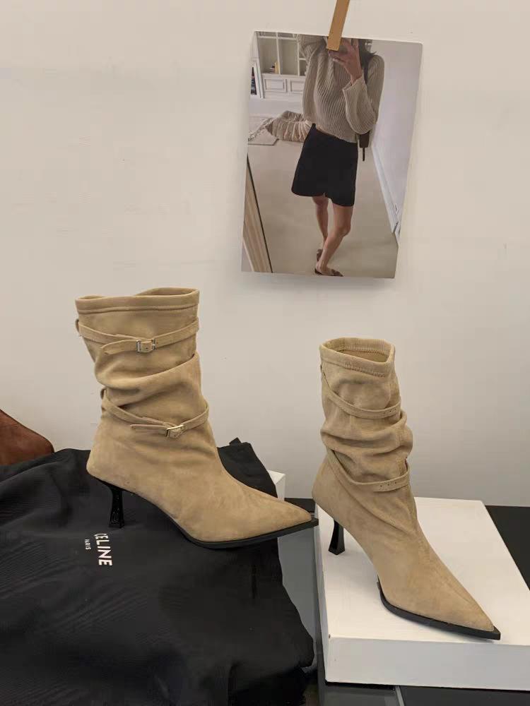 

осень-зима 2025 новые французские ретро остроносые тонкий каблук короткие ботильоны женские замшевые плиссированные ботинки на высоком каблуке ковбойские ботинки 40 хаки