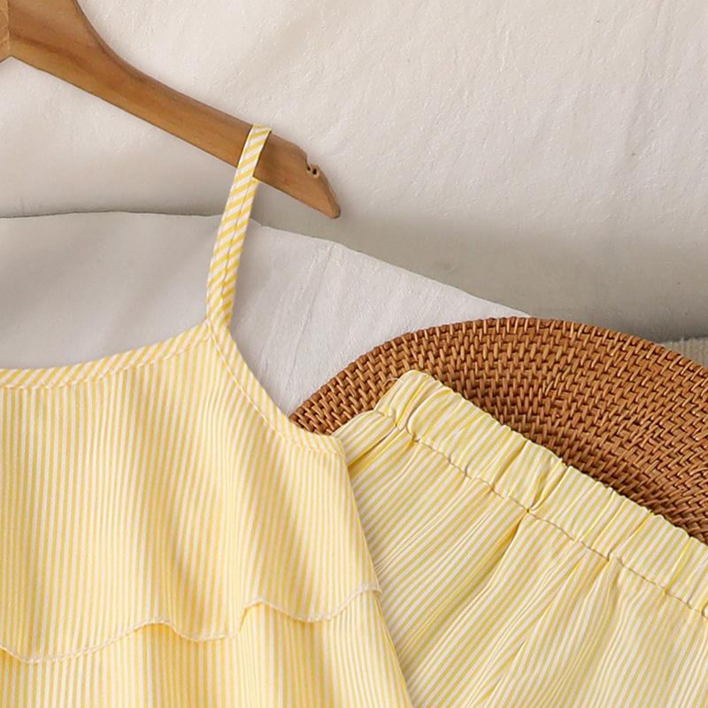 Girls Summer Casual Suit 2025 Children Clothing Striped Suspender Top + Straight Wide-leg Pants Two-piece Set