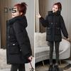 Winter Down Coat Thickened Padded Hooded Pockets Zipper Closure Drawstring Mid Length Windproof Heat Retention Daily Cold Weather Outwear Cotton