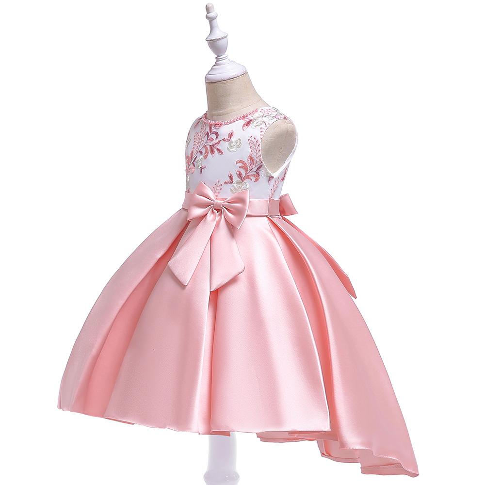Girls Beaded Embroidery Flower Dress Wedding Party Trailing Gown Kids Bowknot Tutu Costume