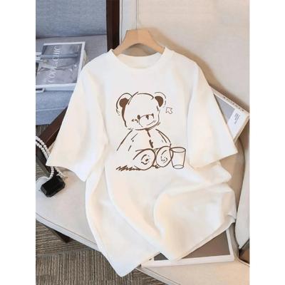 Cute Teddy Bear Print O-Neck Tops Women's Fit Short Sleeve Cartoon Fashion Coffee Cup Kawaii Women Clothing