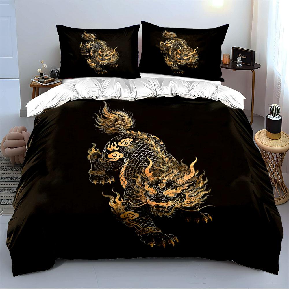 Golden Mythical Beast Design Bedding Duvet Cover Set  (1*Duvet Cover 2*Pillowcases, Without Duvet Insert)