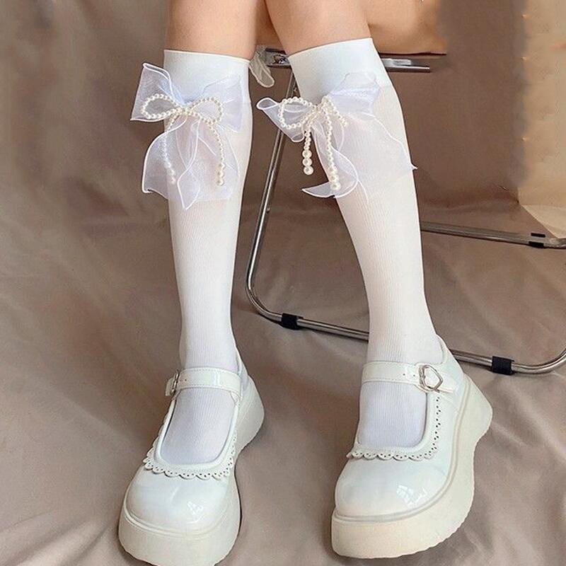

Осень Зима Универсальные Хлопковые Гольфы до Колена с Жемчужным Бантиком в Стиле Лолита Нишевый Дизайн Гольфы до Икры с Жемчужной Отделкой Сладкий Девичий Стиль чёрный