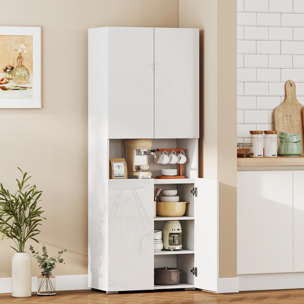 Armadio da Cucina Alto 180 cm, Dispensa con Ante a Chiusura Morbida e Ripiani Regolabili, Bianco Lucido