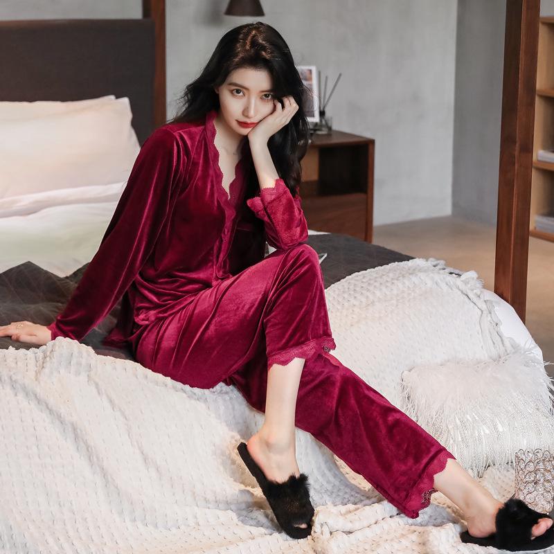 Women's Golden Velvet Lace Pajama Set - Long Sleeve, Autumn/Winter Style, Sexy Homewear.