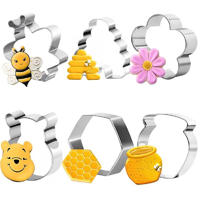 6Pack Bee Cookie Cutters Set, Beehive,Honey Jar,Winnie the Pooh,Flower Shapes Stainless Steel Biscuit Molds for Honey Bee Party Baking Muff