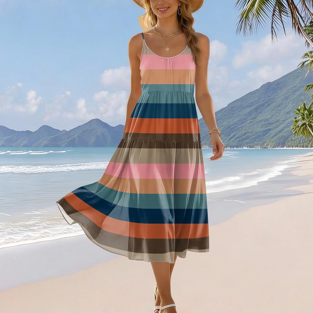 Women Summer Striped Print Sleeveless Adjustable Strap Bohemian Casual Beach Holiday Sundress with Pockets Loose Fit