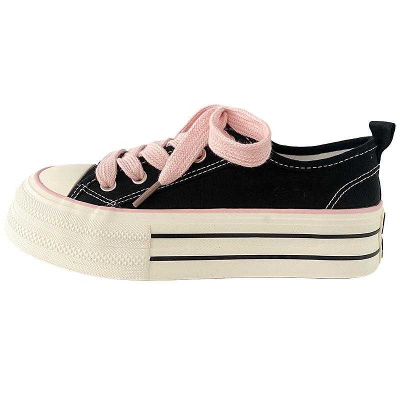 Dikke Bodem Canvas Schoenen Dames Ronde Neus Platte Veters Dubbele Band Veelzijdig Dunne Zool Board Schoenen Ademend Laag Uitgesneden Casual