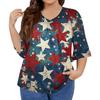 Women's Fashion Casual V-Neck Seven Sleeve Ruffle Sleeve Independence Day Printed T-Shirt Tops Plus Size Women's