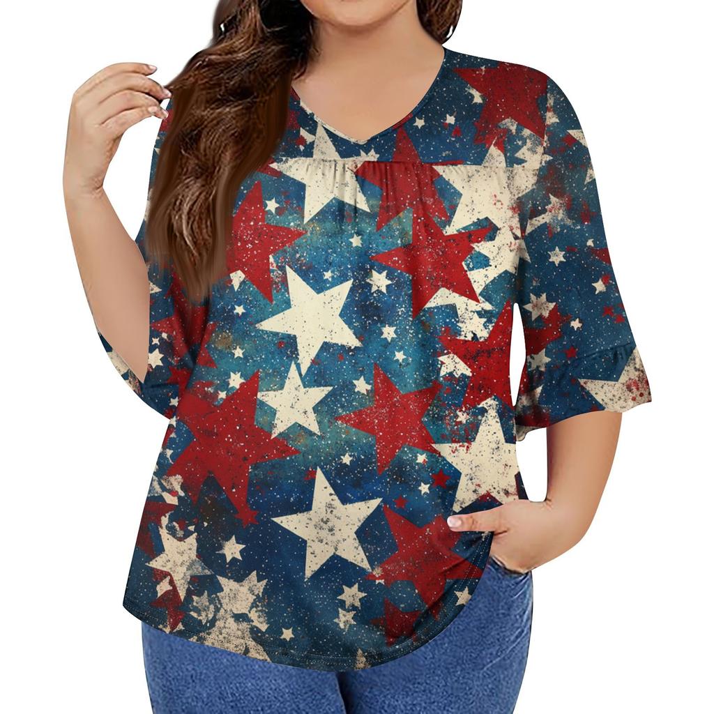 Women's Fashion Casual V-Neck Seven Sleeve Ruffle Sleeve Independence Day Printed T-Shirt Tops Plus Size Women's
