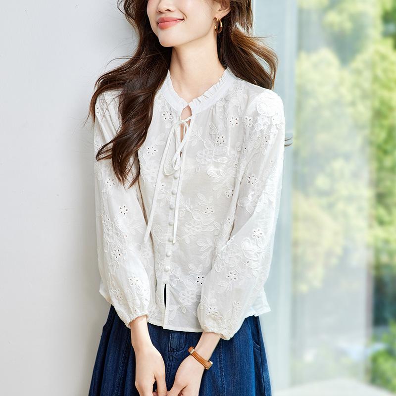 Schwarzer Pilzkragen Weißes Hemd für Damen Langarm Sommer Baumwolle Stickerei Aushöhlen Top für Damen Besticktes Hemd
