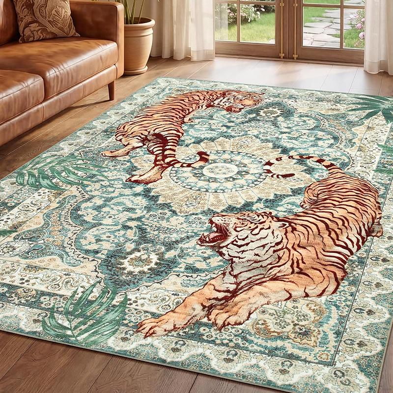 Living Room Carpet Non-slip Machine Washable Soft Comfortable Faux Cashmere Washed Floor Mat Retro Bohemian Tiger Pattern Rug