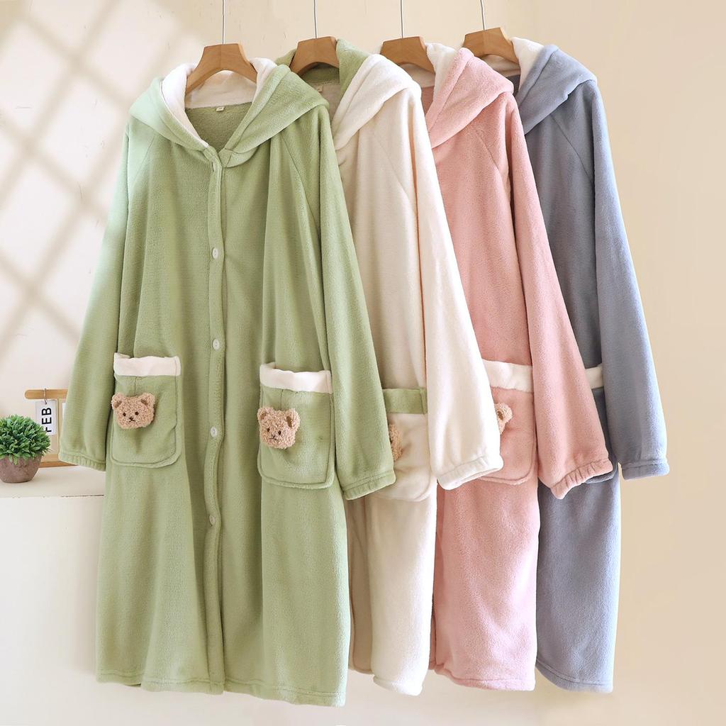Women's Thickened Hooded Flannel Bear Robe - Cozy Wear for Indoor & Outdoor Spring and Autumn.