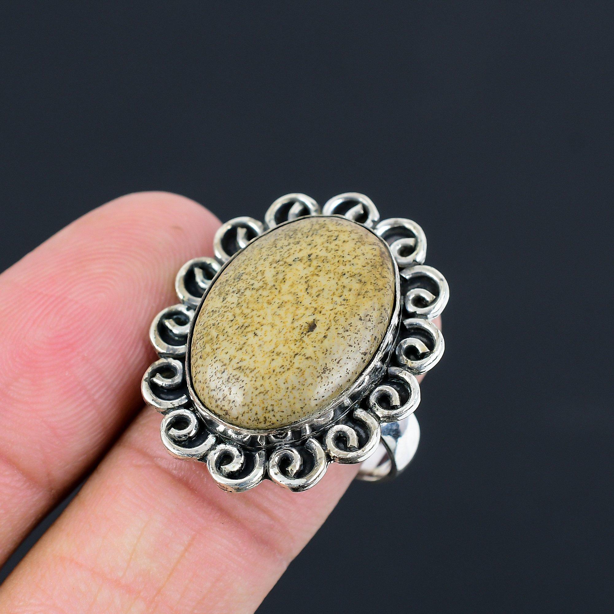 

Picture Jasper Stone Statement Art Deco Trendy Ring Jewelry 925 Sterling Silver 9
