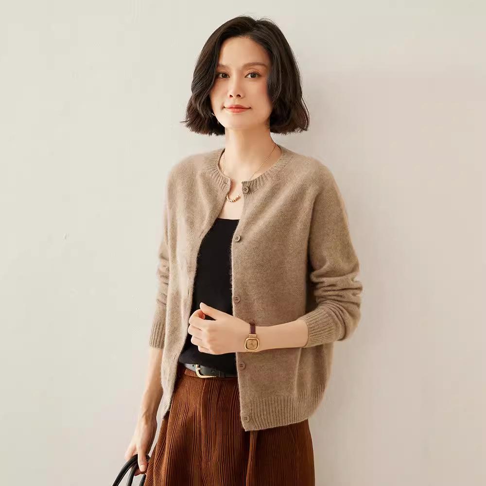 Women's Cashmere Round Neck Cardigan - Autumn/Winter Slim Fit Knitted Sweater, Solid Color, Versatile Outerwear