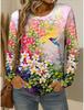 Damen T-Shirts Blumen Grafik Vogel T-Shirts Mode Stilvoll Langarm Rundhals Normale Oberteile 3D Gedruckt Sommer Lässig Pullover