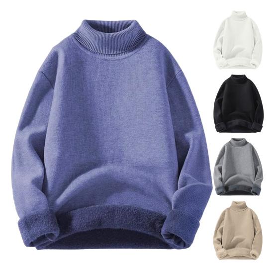 Pánský zesílený rolákový svetr s fleecovou podšívkou, pulovr, hřejivý pletený top s dlouhým rukávem, ležérní volný střih pro domácí kancelář, streetové oblečení