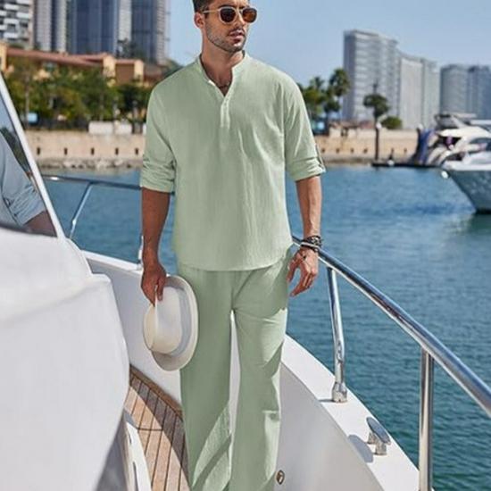 2024 Men's Solid Color Cotton Linen Henley Shirt & Long Pants Set - Autumn/Winter Casual Wear
