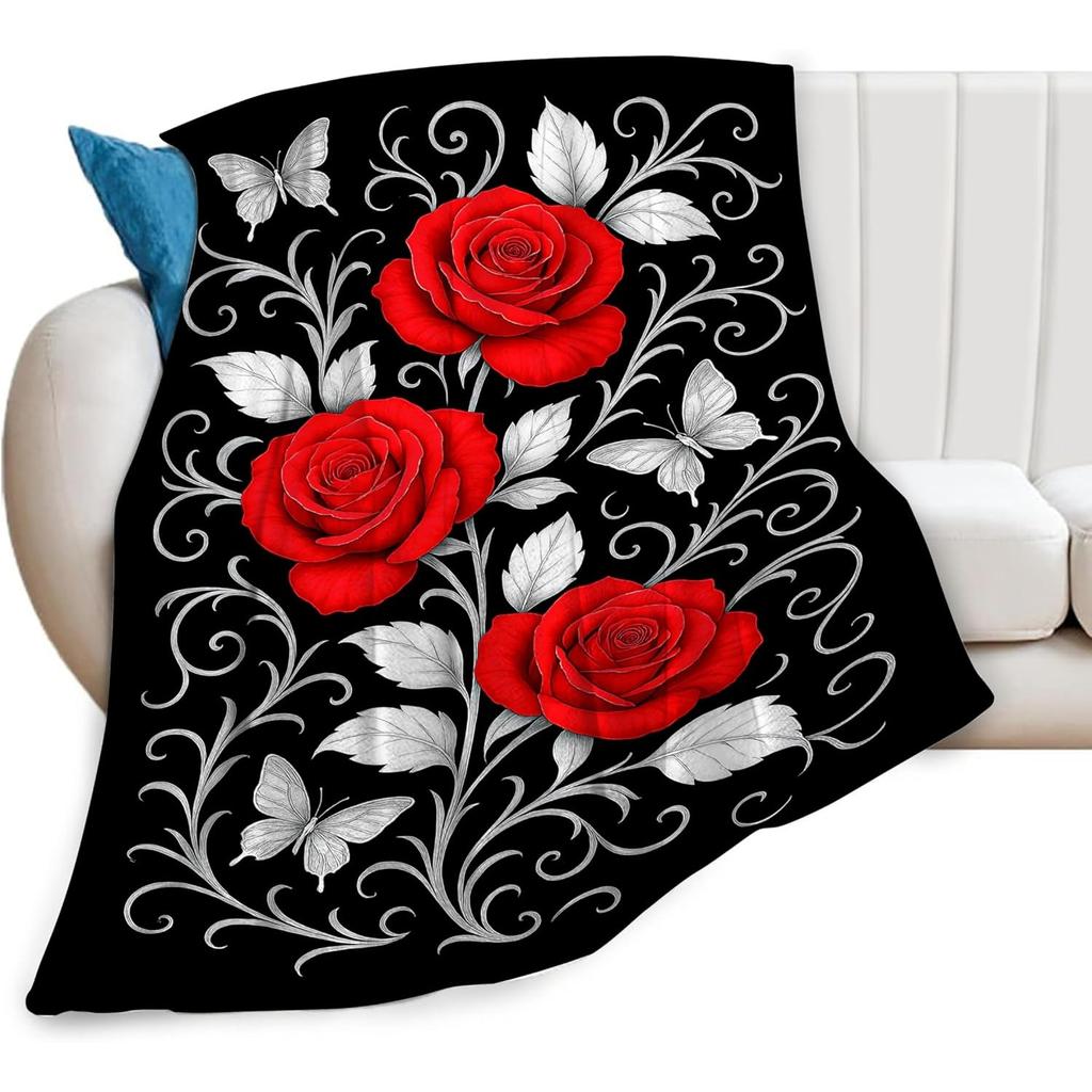 Rose Blanket, Soft Cozy Floral Throw Blanket Gift for Girl Women, Fuzzy Comfy Flannel Blanket for Couch,Travel,Bed,House Decor