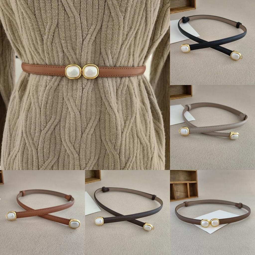 Fashionable Women Leather Belt With Pearl Metal Buckle For Office Gift Weekend