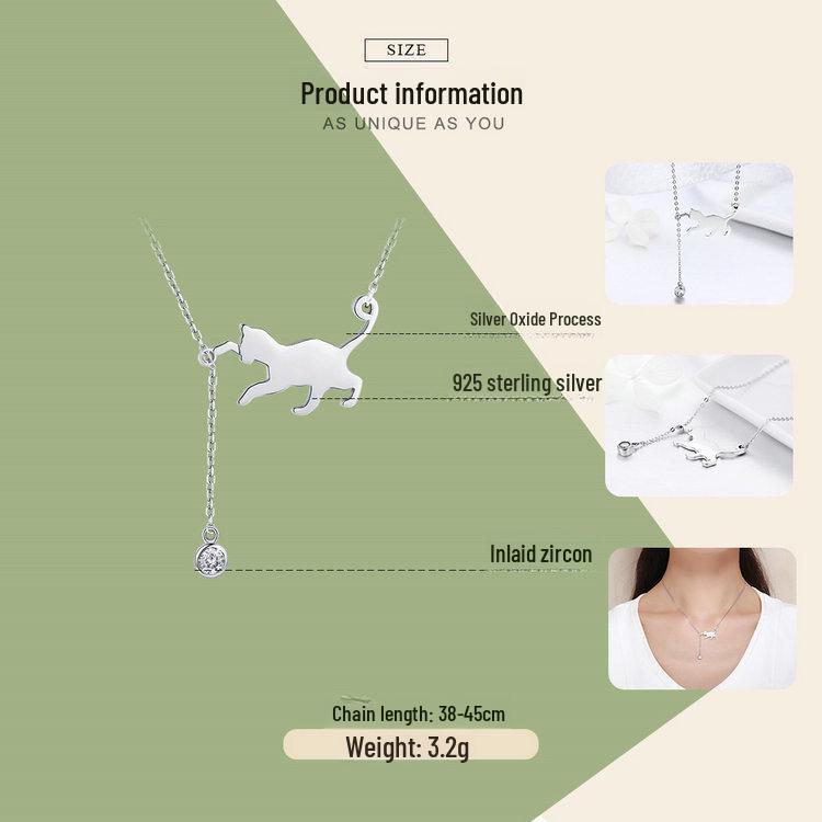 Avle Korean 925 Sterling Silver Naughty Kitten Diamond Necklace YSCN232