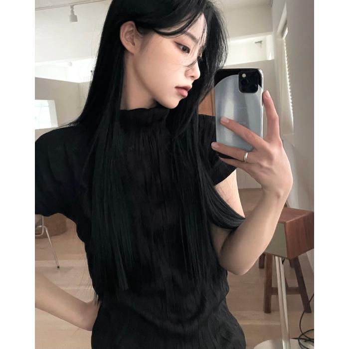

American solid color retro slim half turtleneck small flying sleeve organ pleated shoulder short sleeve slim versatile top T-shirt women XL чорний
