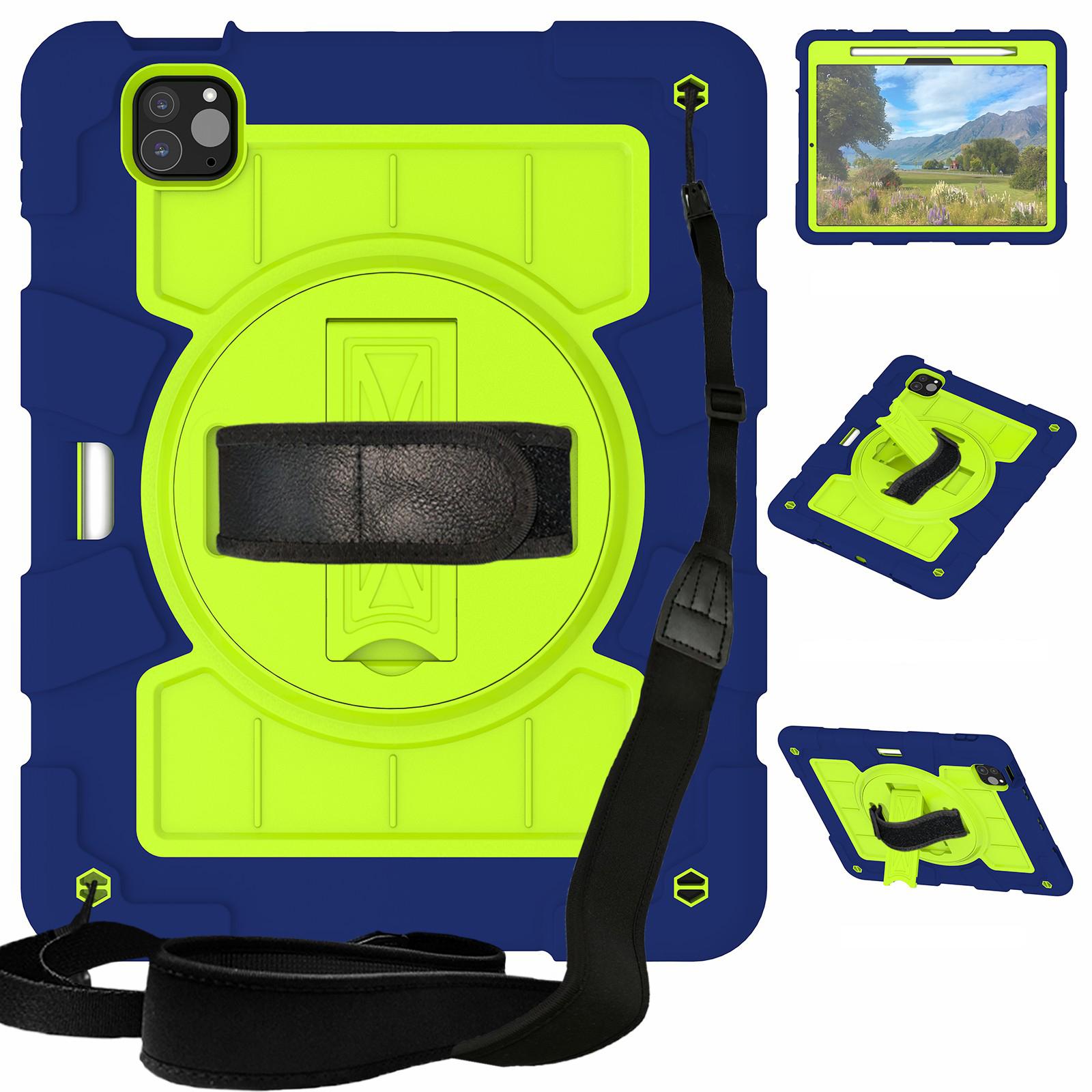 

For iPad Pro 11 (2024) Kickstand Case with Shoulder Strap Rotating Hand Strap PC+TPU Tablet Cover Navy Blue/Green