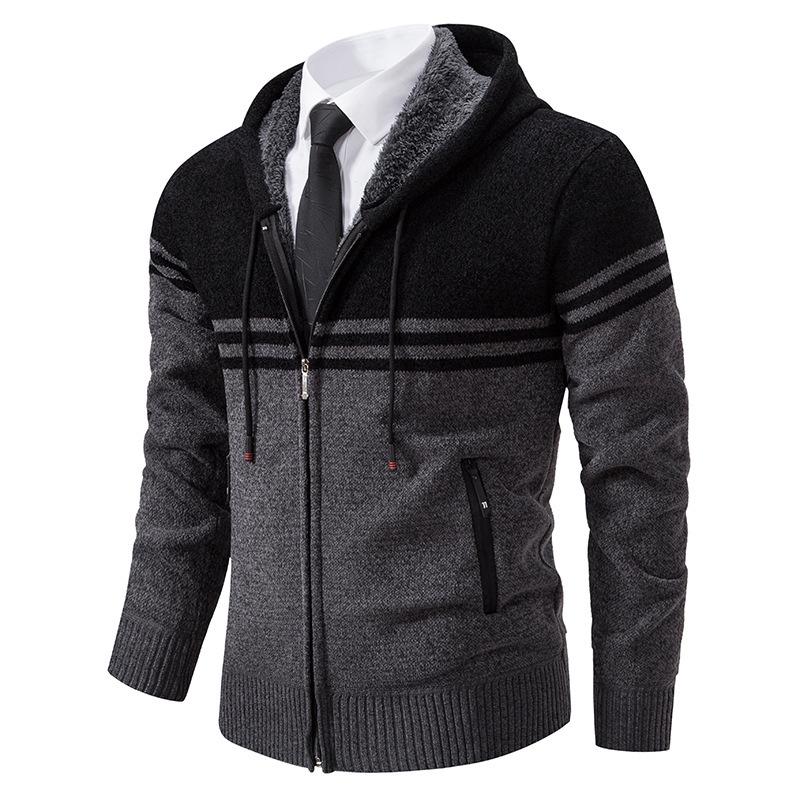 Men's Color Block Striped Hooded Cardigan Sweater - Plus Size Knitwear for Autumn & Winter