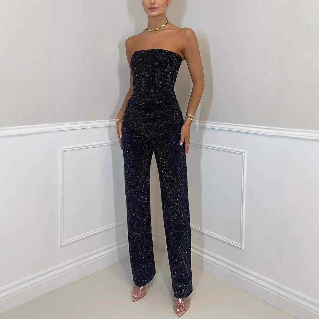 Sexy Off-the-shoulder Shiny Vest Diamond Trousers Suit Two-piece Women