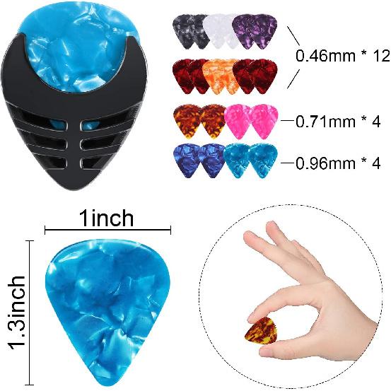 Frienda 20 Guitar Picks & 2 Black Stick-on Holders & 1 Organizer Storage Box, 3 Different Thickness Colorful Guitar Picks Plectrums for Acoustic,