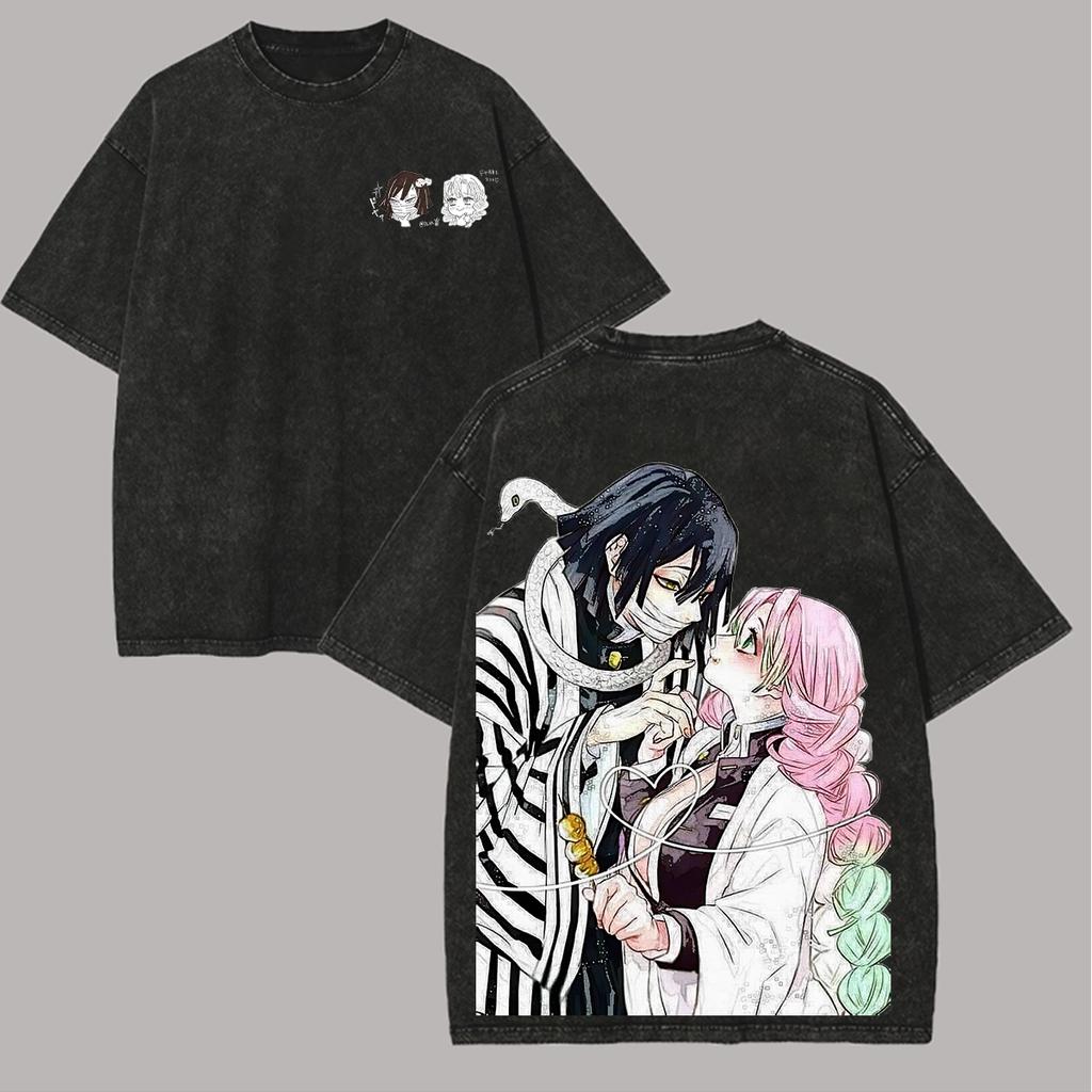 Anime Demon Slayer T-shirt Iguro Obanai and Kanroji Mitsuri Couple Washed T Shirt Men Women Clothing Cotton Short Sleeve Tees