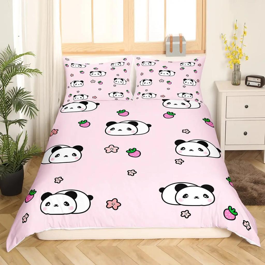 Panda König Komplettes Bettwäscheset Kinder Romantisches Bettwäscheset Cartoon Tier Bettbezug Fahrrad Ballon Libelle Polyester Bettdeckenbezug