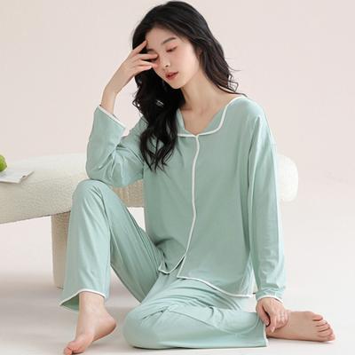 2 Pcs/Set Women Pajamas Suit with Chest Pads Long Sleeves Loose Solid